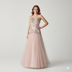 Sherri Hill Prom pink embroidered floral lace beaded formal tulle long dress 4